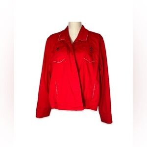 Get Lucky Denim Jacket Women’s Size 1X Red With Rhinestones VGUC